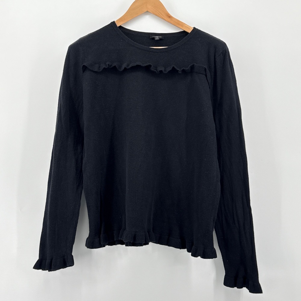 Talbots Petites Black Ruffle Trim Knit Sweater XLP Long Sleeve Cashmere Blend